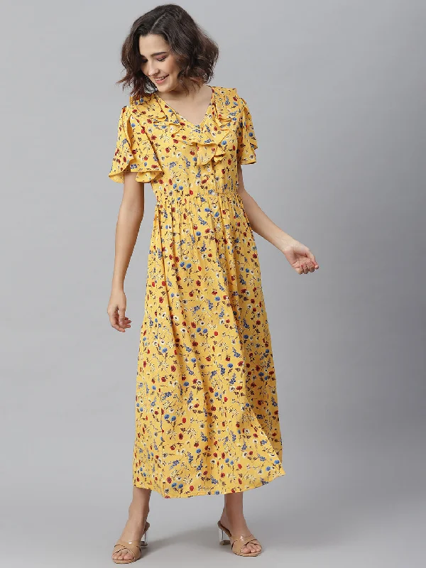 Women's Yellow Floral Maxi Dress - StyleStone Stylish A-Line Maxi Dress
