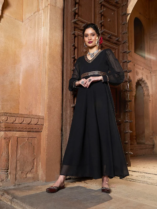 Women's Black Lace Detail Chiffon Maxi Dress - SASSAFRAS Cozy Open-Back Maxi Dress