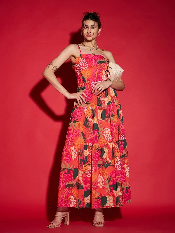 Women's Pink Floral Strappy Tiered Maxi Dress - SASSAFRAS Comfortable Plunging Neckline Maxi Dress