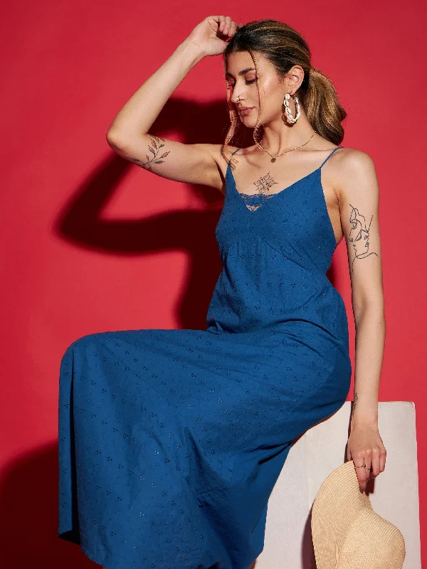 Women's Royal Blue Schiffli Strappy Maxi Dress - SASSAFRAS Comfortable Bohemian Maxi Dress
