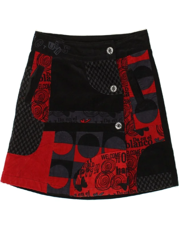 DESIGUAL Womens A-Line Skirt EU 34 XS W28 Black Patchwork Cotton denim skirt trendy