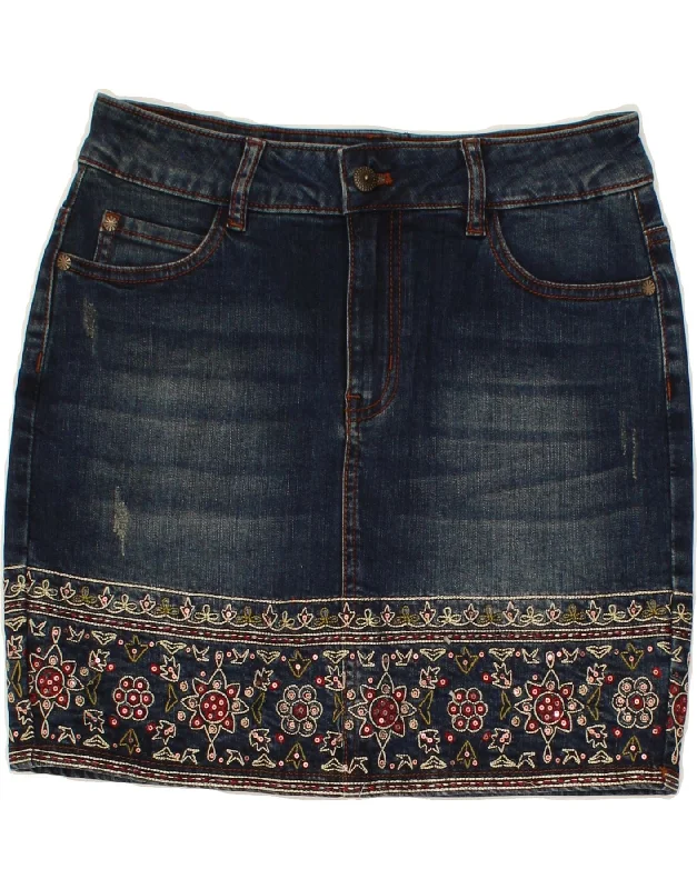 DESIGUAL Womens Denim Skirt W28 Medium  Blue Floral Cotton velvet skirt plush