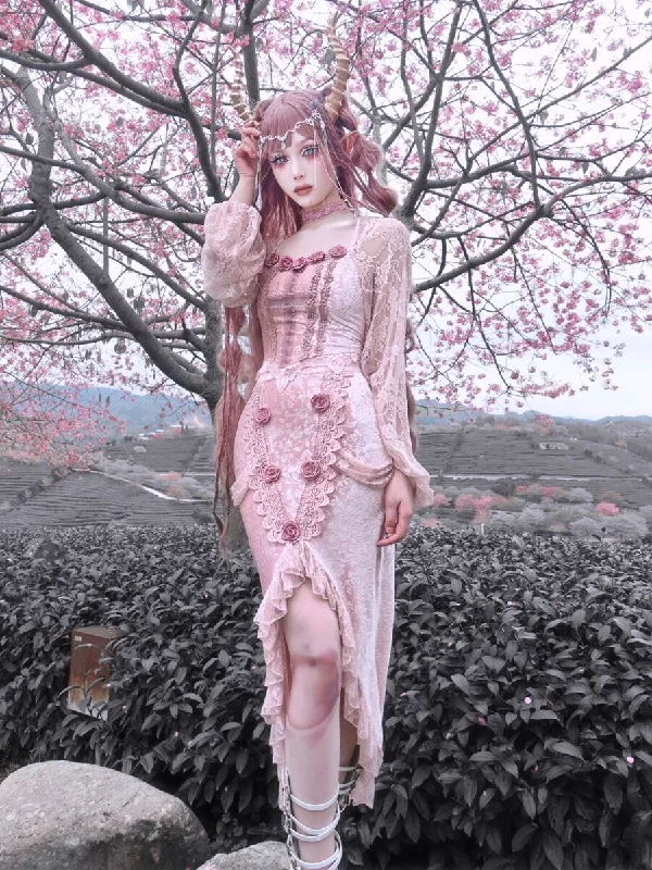 Blood Supply~Sakura Nightmare~Gothic Velvet Pink Mermaid Lolita Skirt button skirt front Blood Supply~Sakura Nightmare~Gothic Velvet Pink Mermaid Lolita Skirt button skirt front