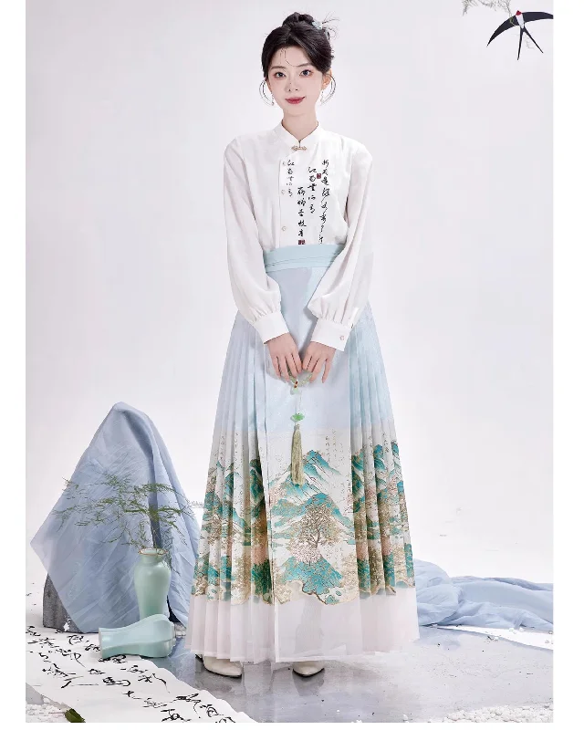 Chixia~Chinese Symbol of Misty Landscape~Han Lolita Skirt Printed Blouse and Floral Horse-Face Skirt leather skirt modern