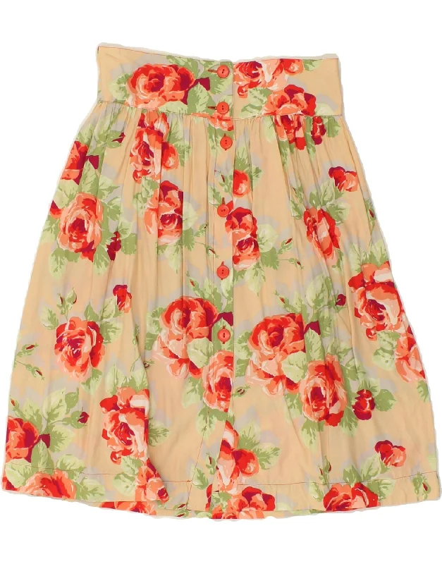 VINTAGE Womens High Waist A-Line Skirt IT 44 Medium W28 Beige Floral wool skirt breathable