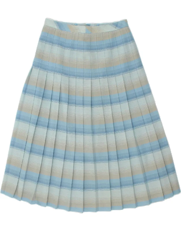 VINTAGE Womens Knife Pleated Skirt EU 40 Medium W30 Blue Striped Polyester cotton skirt soft VINTAGE Womens Knife Pleated Skirt EU 40 Medium W30 Blue Striped Polyester cotton skirt soft