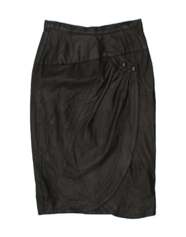VINTAGE Womens Leather Skirt IT 46 Large W30  Black belted skirt waist