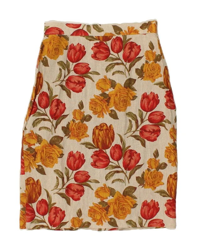 VINTAGE Womens Pencil Skirt IT 42 Medium W26 Beige Floral Linen denim skirt casual