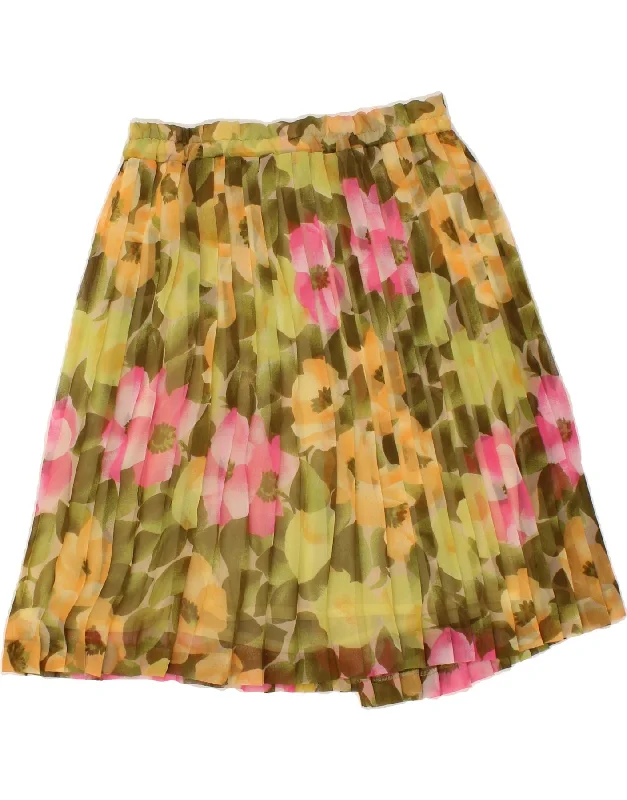 VINTAGE Womens Pleated Skirt W28 Medium Green Floral Polyester ruffled skirt detail