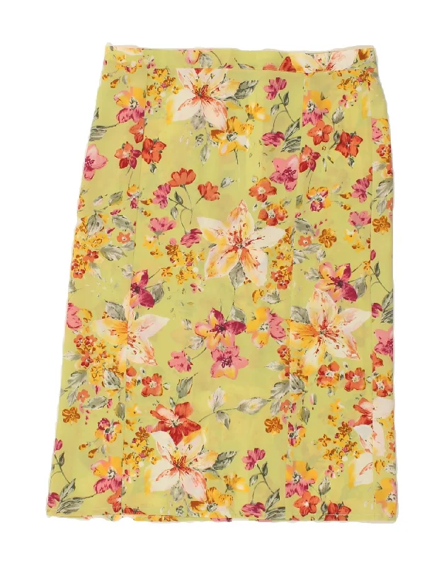 VINTAGE Womens Straight Skirt W34 Large Yellow Floral linen skirt airy