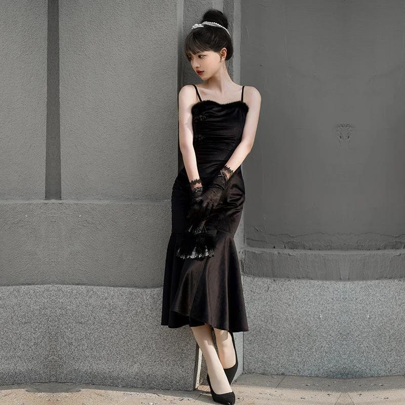 With Puji~Black Tea JSK~Han Lolita Fishtail Skirt and Bolero velvet skirt luxury