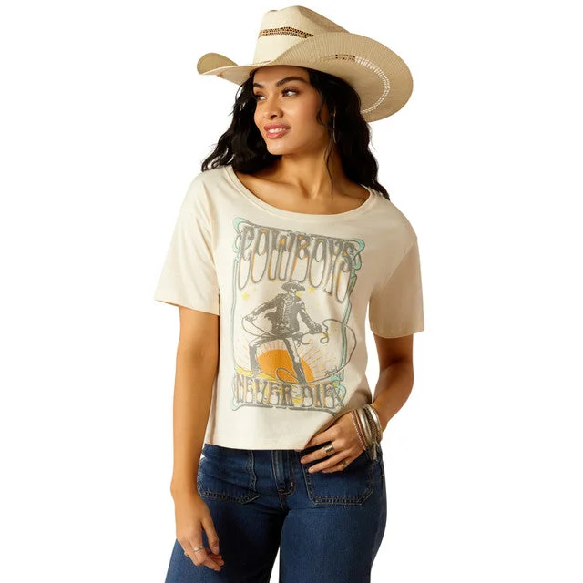 Ariat Wms Cowboys Never Die SS Crop tee Natural Machine Wash Dry Clean Hand Wash
