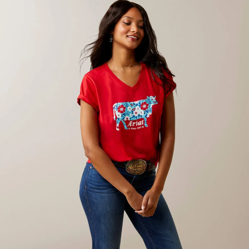 Ariat Wms Flower Cow Short Sleeve Tee Equestrian Red V-Neck T-Shirt Long Sleeve Cotton Ariat Wms Flower Cow Short Sleeve Tee Equestrian Red V-Neck T-Shirt Long Sleeve Cotton