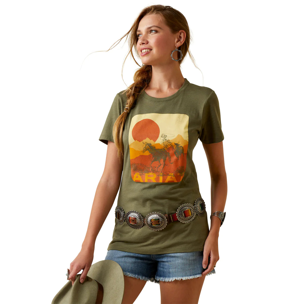 Ariat Wms Mustang Fever SS Tee Military Heather - Black Friday Sale Print Jacquard Patchwork Ariat Wms Mustang Fever SS Tee Military Heather - Black Friday Sale Print Jacquard Patchwork