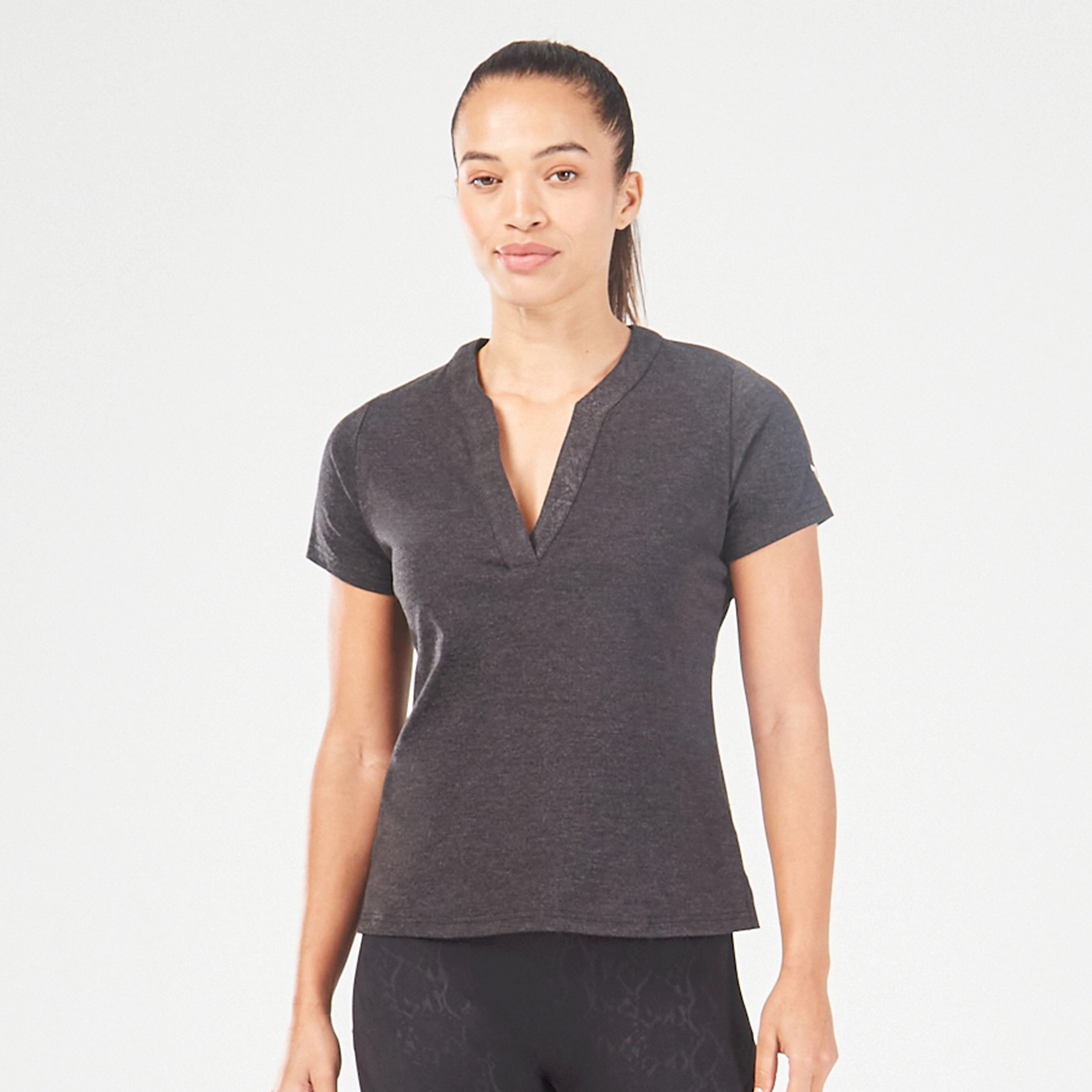 Core Notched Tee - Black Marl V-Neck T-Shirt Long Sleeve Cotton
