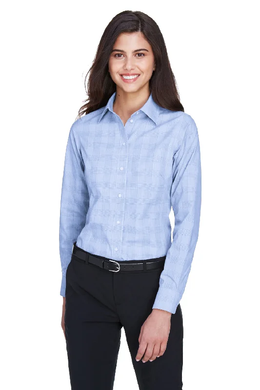 Devon & Jones Womens Crown Woven Collection Wrinkle Resistant Long Sleeve Button Down Shirt - White/Light French Blue Relaxed Fit Short Blouse Devon & Jones Womens Crown Woven Collection Wrinkle Resistant Long Sleeve Button Down Shirt - White/Light French Blue Relaxed Fit Short Blouse