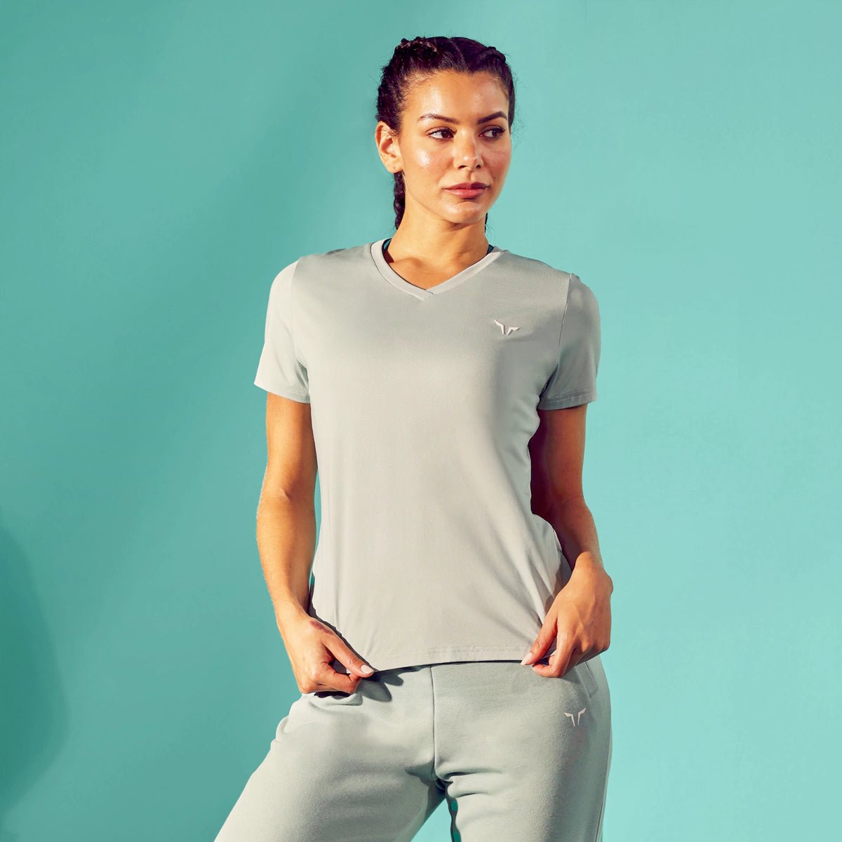 Essential V-Neck Tee - Grey Mist Denim Fabric Leather Fabric Suede Fabric