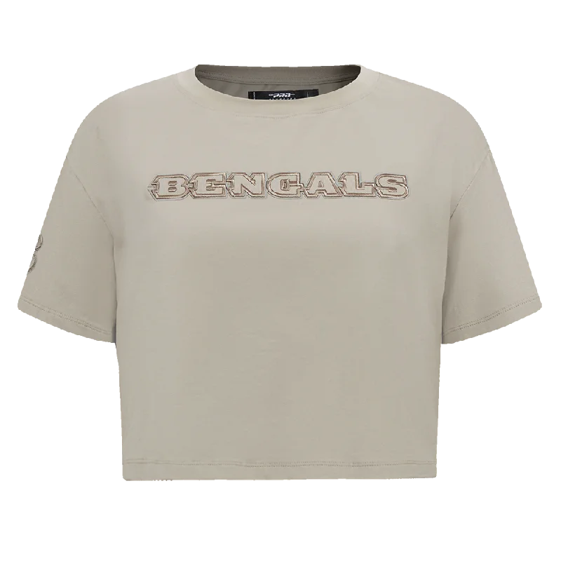 NFL CINCINNATI BENGALS NEUTRAL WOMEN'S BOXY TEE (TAUPE) Chenille Fabric Brocade Fabric Lace Fabric NFL CINCINNATI BENGALS NEUTRAL WOMEN'S BOXY TEE (TAUPE) Chenille Fabric Brocade Fabric Lace Fabric