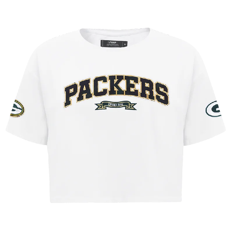 NFL GREEN BAY PACKERS PRO PREP WOMEN'S SJ BOXY TEE (WHITE) Collared Crew Neck Turtle Neck NFL GREEN BAY PACKERS PRO PREP WOMEN'S SJ BOXY TEE (WHITE) Collared Crew Neck Turtle Neck