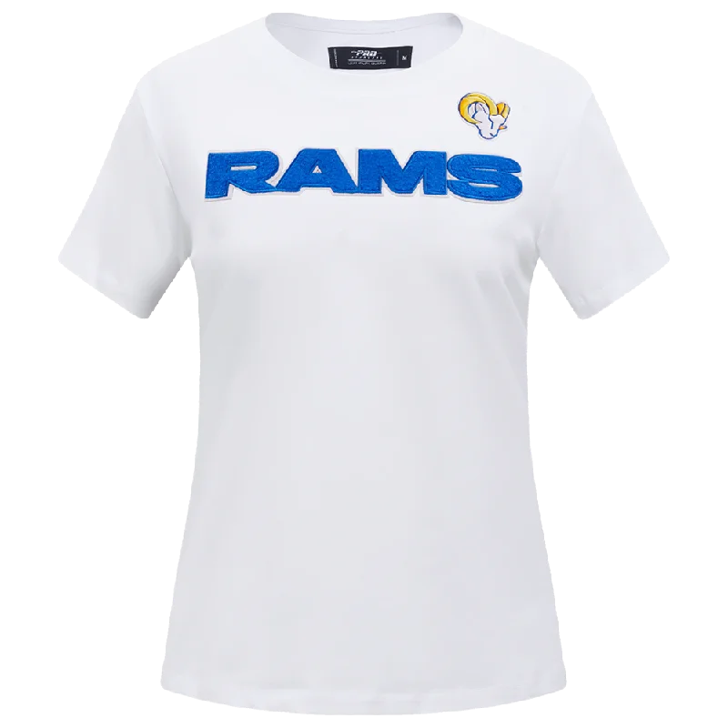 NFL LOS ANGELES RAMS CLASSIC WOMEN'S SLIM FIT TEE (WHITE) Terry Blend Velvet Blend Canvas Blend NFL LOS ANGELES RAMS CLASSIC WOMEN'S SLIM FIT TEE (WHITE) Terry Blend Velvet Blend Canvas Blend