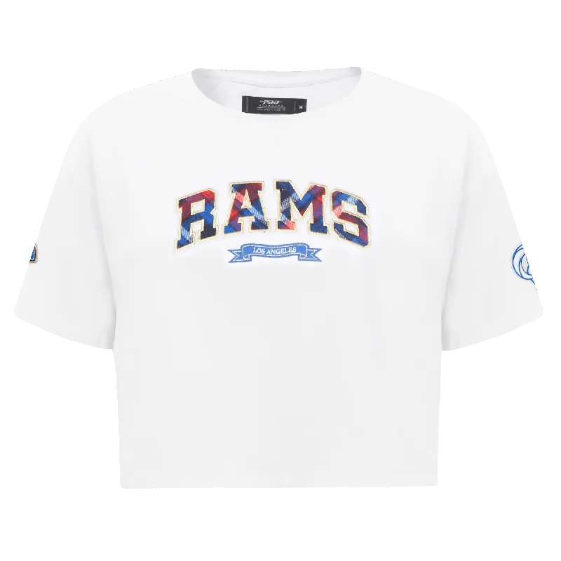 NFL LOS ANGELES RAMS PRO PREP WOMEN'S SJ BOXY TEE (WHITE) Cotton Fabric Linen Fabric Terry Fabric NFL LOS ANGELES RAMS PRO PREP WOMEN'S SJ BOXY TEE (WHITE) Cotton Fabric Linen Fabric Terry Fabric