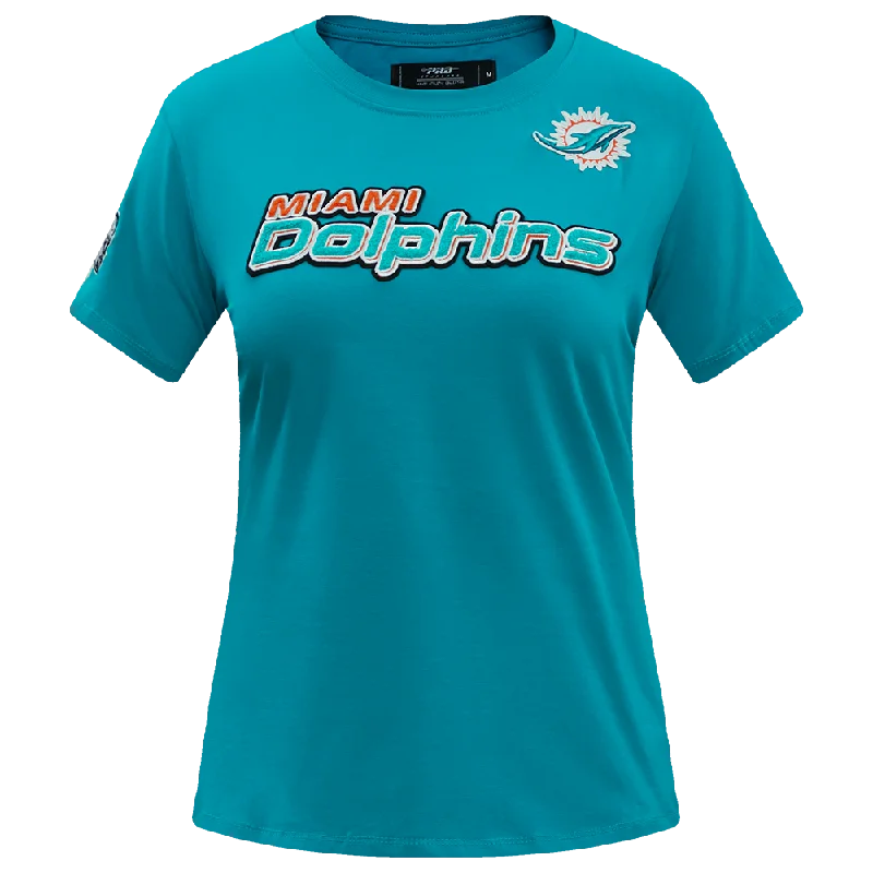 NFL MIAMI DOLPHINS CLASSIC WOMEN'S SLIM FIT TEE (TEAL) Jersey Fabric Tulle Fabric Batik Fabric NFL MIAMI DOLPHINS CLASSIC WOMEN'S SLIM FIT TEE (TEAL) Jersey Fabric Tulle Fabric Batik Fabric