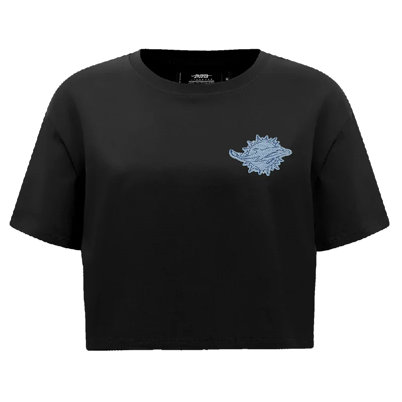 NFL MIAMI DOLPHINS VARSITY BLUES WOMEN'S BOXY TEE (BLACK) Fashionable Trendy Casual