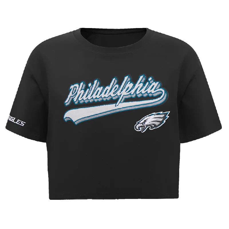 NFL PHILADELPHIA EAGLES SCRIPT TAIL WOMEN'S SJ BOXY TEE (BLACK) Zippered Front Buttoned Front Snap Front NFL PHILADELPHIA EAGLES SCRIPT TAIL WOMEN'S SJ BOXY TEE (BLACK) Zippered Front Buttoned Front Snap Front