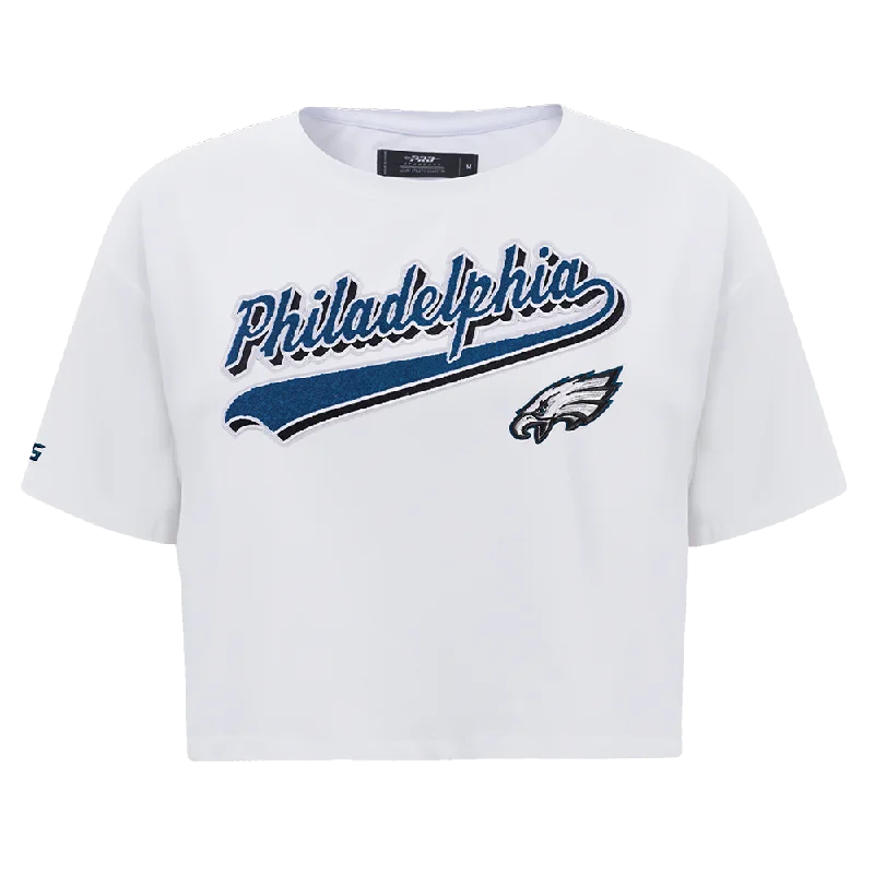 NFL PHILADELPHIA EAGLES SCRIPT TAIL WOMEN'S SJ BOXY TEE (WHITE) Elasticated Padded Insulated NFL PHILADELPHIA EAGLES SCRIPT TAIL WOMEN'S SJ BOXY TEE (WHITE) Elasticated Padded Insulated
