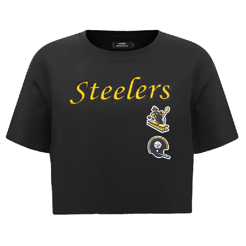 NFL PITTSBURGH STEELERS RETRO CLASSIC WOMEN'S BOXY TEE (BLACK) Spandex Blend Rayon Blend Denim Blend NFL PITTSBURGH STEELERS RETRO CLASSIC WOMEN'S BOXY TEE (BLACK) Spandex Blend Rayon Blend Denim Blend