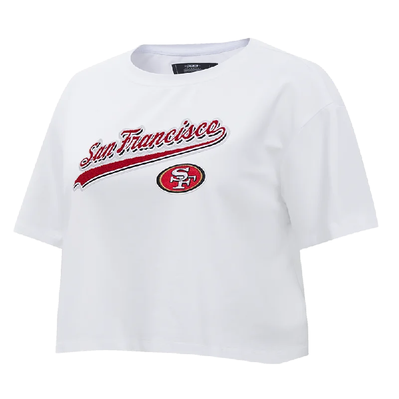NFL SAN FRANCISCO 49ERS SCRIPT TAIL WOMEN'S SJ BOXY TEE (WHITE) Houndstooth Herringbone Solid