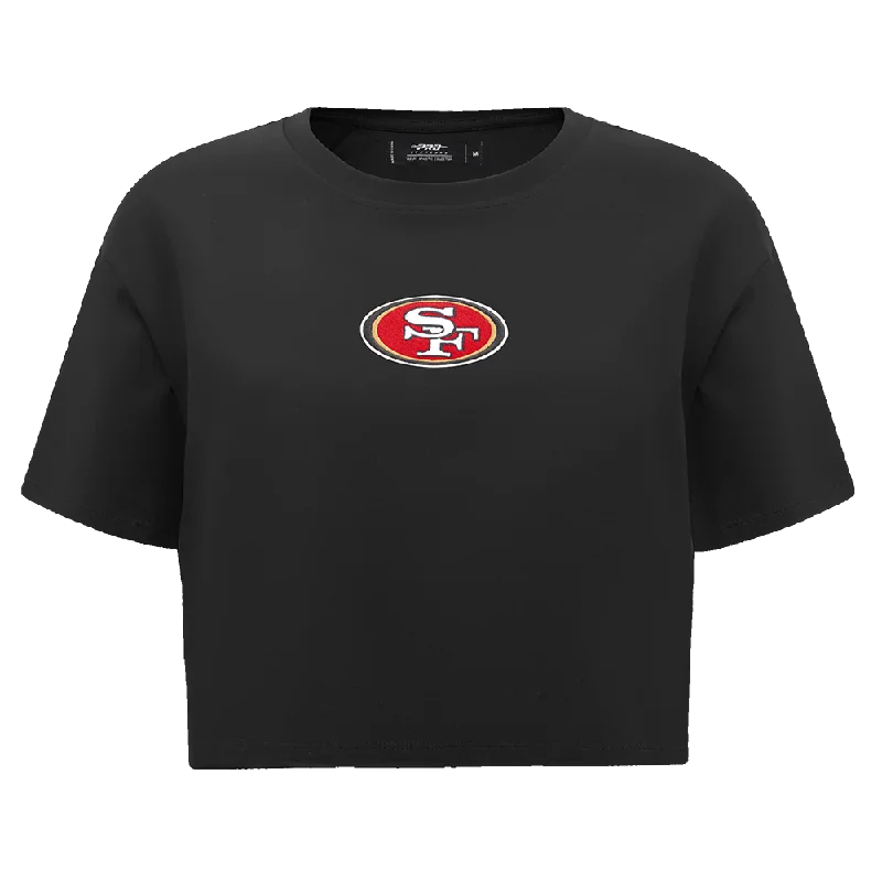 NFL SAN FRANCISCO 49ERS WINGSPAN WOMEN'S SJ BOXY TEE (BLACK) Chenille Blend Fleece Blend Nylon Blend NFL SAN FRANCISCO 49ERS WINGSPAN WOMEN'S SJ BOXY TEE (BLACK) Chenille Blend Fleece Blend Nylon Blend