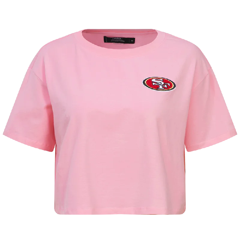 NFL SAN FRANCISCO 49ERS CLASSIC WOMEN'S BOXY TEE (PINK) Lace Blend Ribbed Blend Corduroy Blend NFL SAN FRANCISCO 49ERS CLASSIC WOMEN'S BOXY TEE (PINK) Lace Blend Ribbed Blend Corduroy Blend