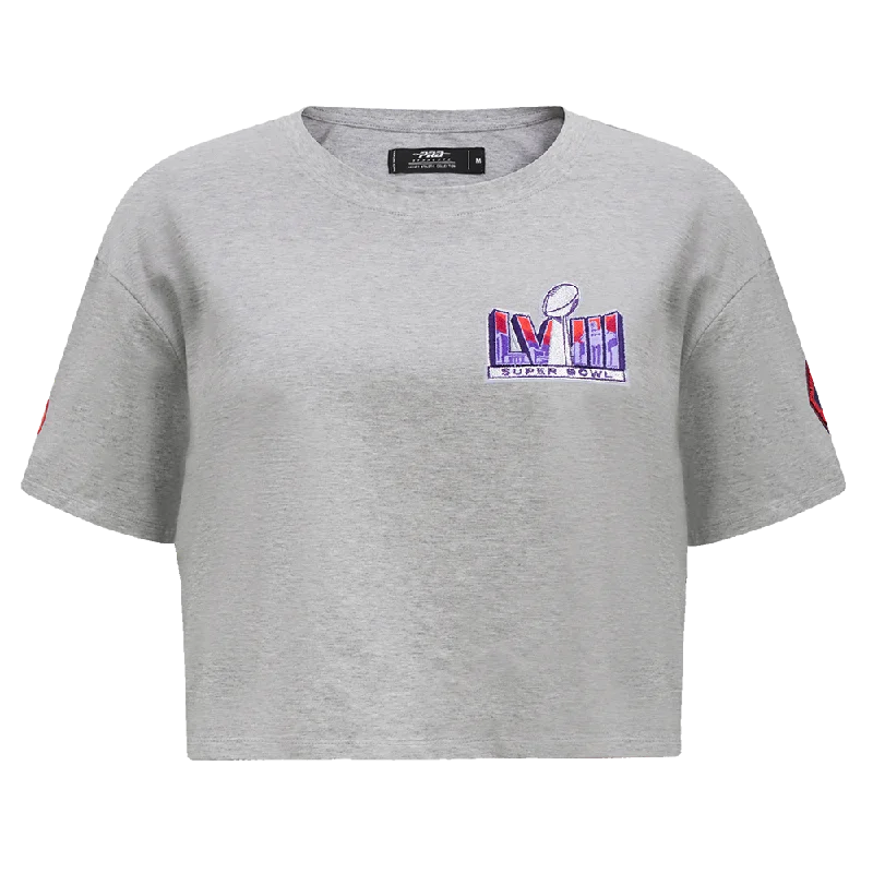 NFL SUPERBOWL LVIII WOMEN'S SJ BOXY TEE (HEATHER GREY) V-Neck T-Shirt Long Sleeve Cotton NFL SUPERBOWL LVIII WOMEN'S SJ BOXY TEE (HEATHER GREY) V-Neck T-Shirt Long Sleeve Cotton