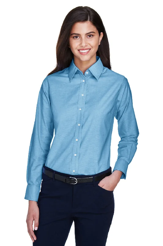 Harriton Womens Oxford Wrinkle Resistant Long Sleeve Button Down Shirt - Light Blue Trendy Sleeveless Short Shirt