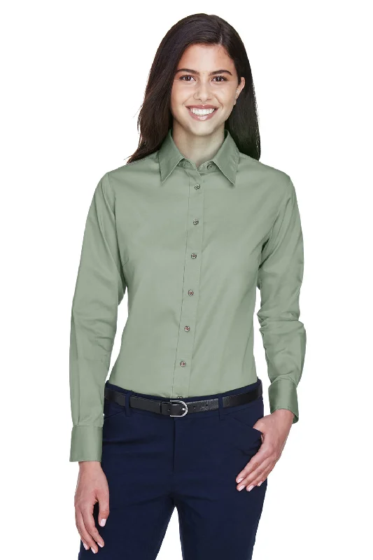 Harriton Womens Wrinkle Resistant Long Sleeve Button Down Shirt - Dill Green Stylish Casual Short Tee Harriton Womens Wrinkle Resistant Long Sleeve Button Down Shirt - Dill Green Stylish Casual Short Tee