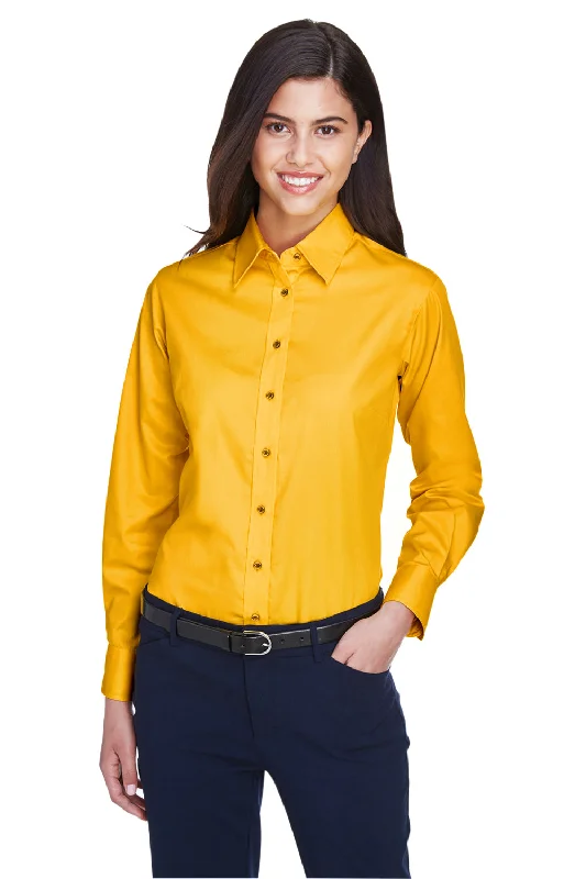 Harriton Womens Wrinkle Resistant Long Sleeve Button Down Shirt - Sunray Yellow Stylish Pleated Short Sleeve