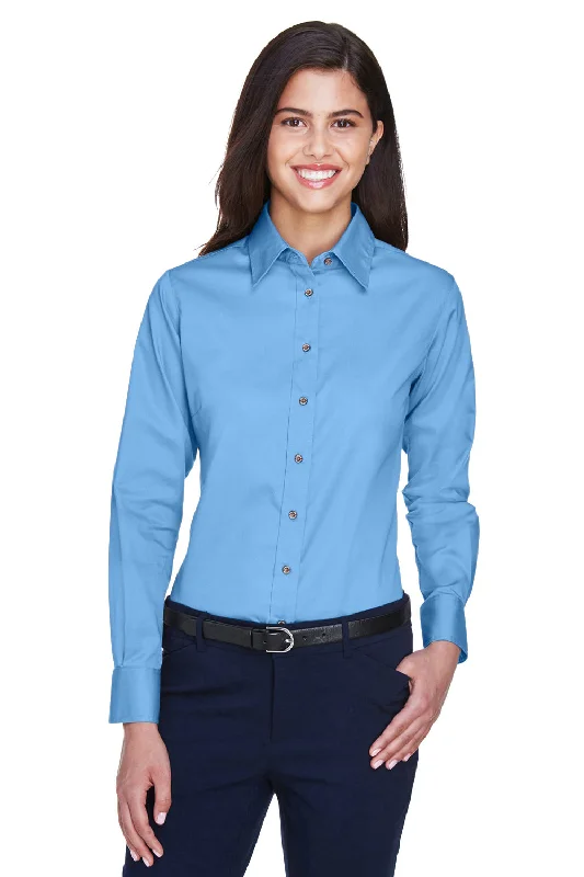 Harriton Womens Wrinkle Resistant Long Sleeve Button Down Shirt - Light College Blue Trendy Floral Short Sleeve
