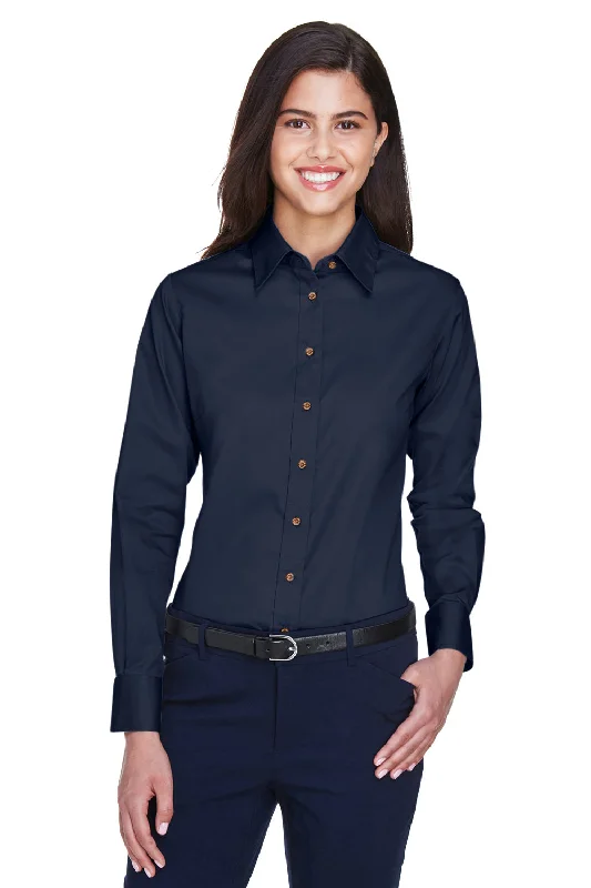 Harriton Womens Wrinkle Resistant Long Sleeve Button Down Shirt - Navy Blue Elegant Lace-Trimmed Short Shirt Harriton Womens Wrinkle Resistant Long Sleeve Button Down Shirt - Navy Blue Elegant Lace-Trimmed Short Shirt