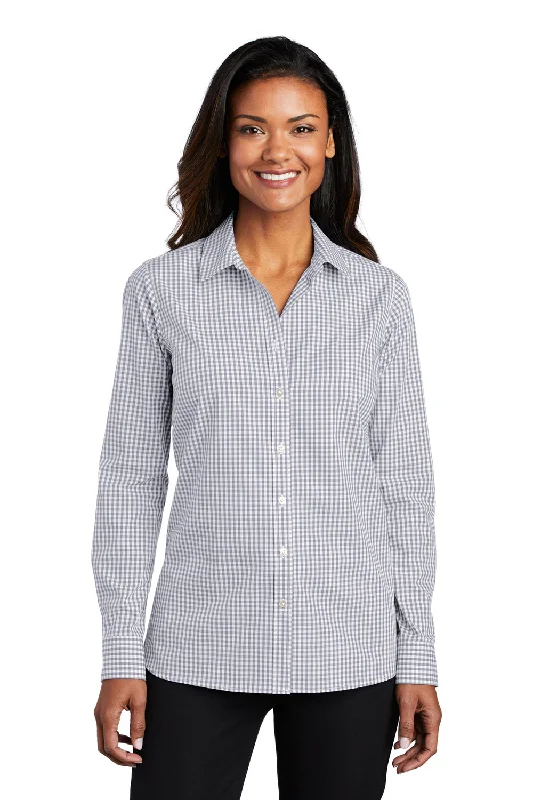 Port Authority Womens Broadcloth Gingham Wrinkle Resistant Long Sleeve Button Down Shirt - Gusty Grey/White Relaxed Fit Short Tunic