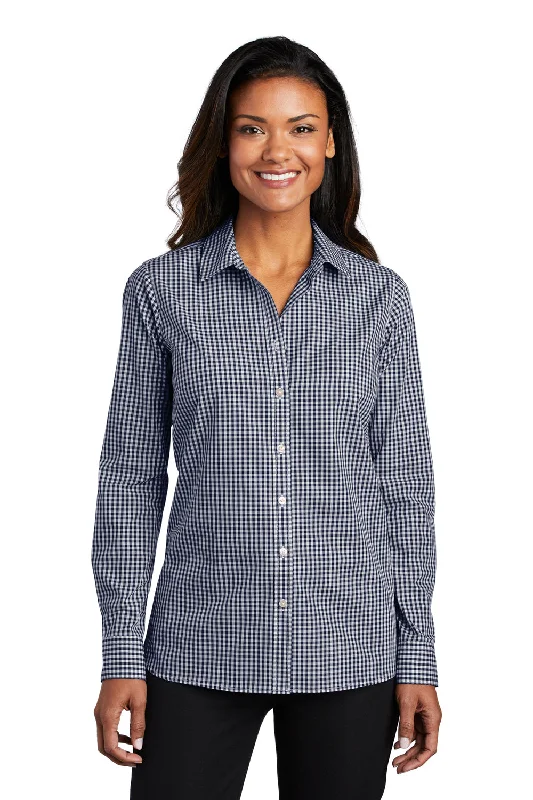 Port Authority Womens Broadcloth Gingham Wrinkle Resistant Long Sleeve Button Down Shirt - True Navy Blue/White Casual Plain Short Shirt