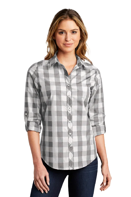 Port Authority Womens Everyday Plaid Long Sleeve Button Down Shirt - Shadow Grey Chic Button-Up Short Shirt Port Authority Womens Everyday Plaid Long Sleeve Button Down Shirt - Shadow Grey Chic Button-Up Short Shirt
