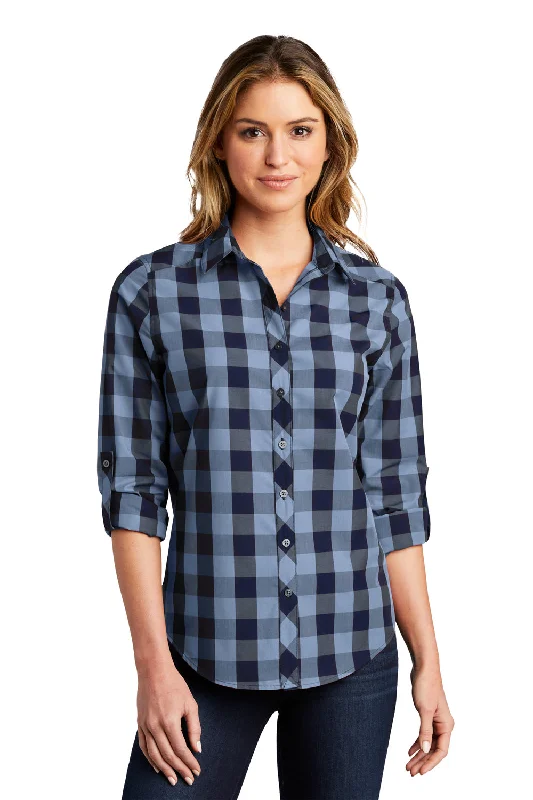 Port Authority Womens Everyday Plaid Long Sleeve Button Down Shirt - True Navy Blue Casual Loose Short Sleeve Port Authority Womens Everyday Plaid Long Sleeve Button Down Shirt - True Navy Blue Casual Loose Short Sleeve