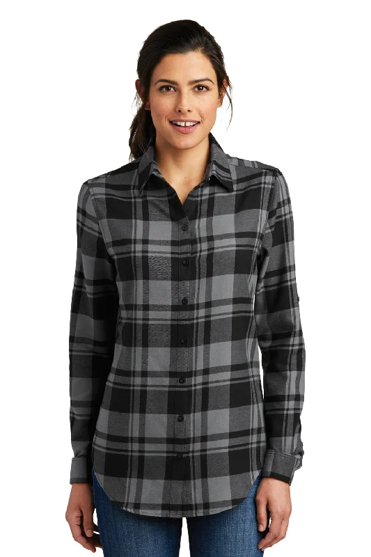 Port Authority Womens Flannel Long Sleeve Button Down Shirt - Grey/Black Fashionable Pleated Short Shirt Port Authority Womens Flannel Long Sleeve Button Down Shirt - Grey/Black Fashionable Pleated Short Shirt