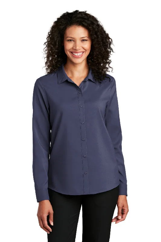 Port Authority Womens Performance Moisture Wicking Long Sleeve Button Down Shirt - True Navy Blue Chic V-Neck Short Blouse Port Authority Womens Performance Moisture Wicking Long Sleeve Button Down Shirt - True Navy Blue Chic V-Neck Short Blouse