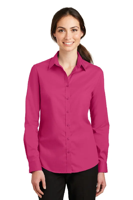 Port Authority Womens SuperPro Wrinkle Resistant Long Sleeve Button Down Shirt - Azalea Pink - Closeout Fashionable Rounded Short Shirt