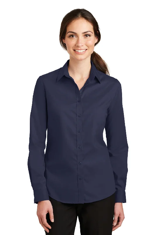 Port Authority Womens SuperPro Wrinkle Resistant Long Sleeve Button Down Shirt - True Navy Blue Fashionable Pleated Short Shirt Port Authority Womens SuperPro Wrinkle Resistant Long Sleeve Button Down Shirt - True Navy Blue Fashionable Pleated Short Shirt