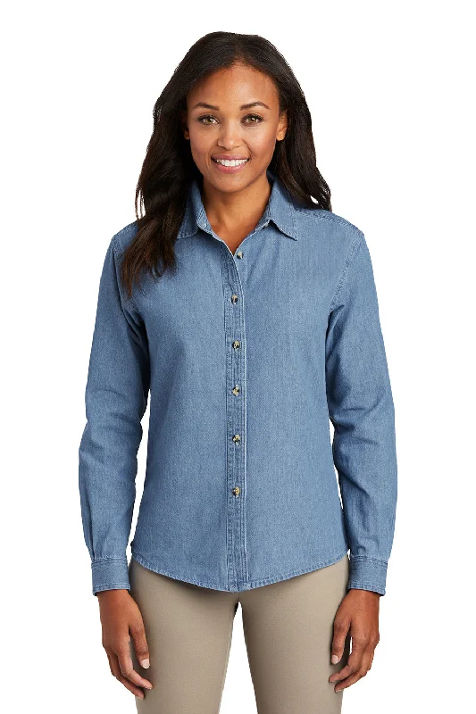 Port & Company Womens Denim Long Sleeve Button Down Shirt - Faded Blue Casual Oversized Short Shirt Port & Company Womens Denim Long Sleeve Button Down Shirt - Faded Blue Casual Oversized Short Shirt