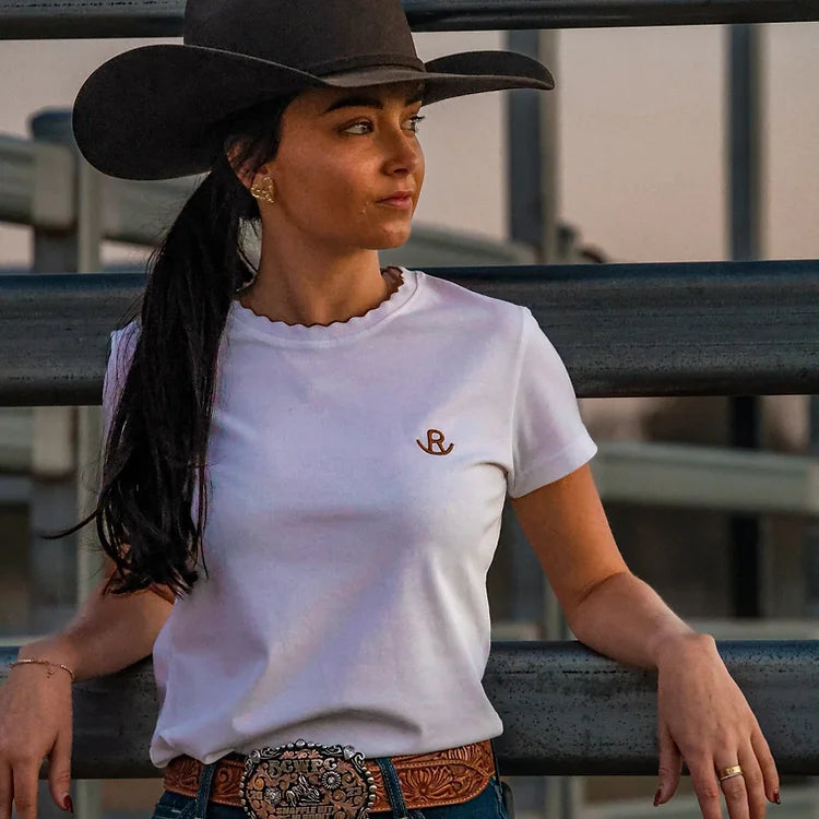 Reba Country Clothing - Womens White and Brown Tee Welt Pockets Slit Pockets