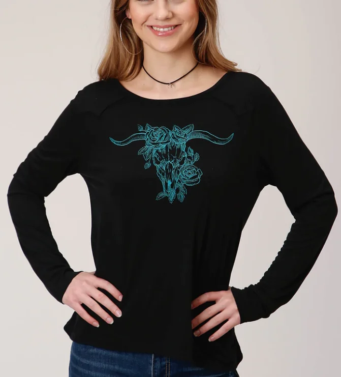 Roper Wms Five Star Collection LS Tee Solid Black Oversized T-Shirt Spandex breathable Roper Wms Five Star Collection LS Tee Solid Black Oversized T-Shirt Spandex breathable